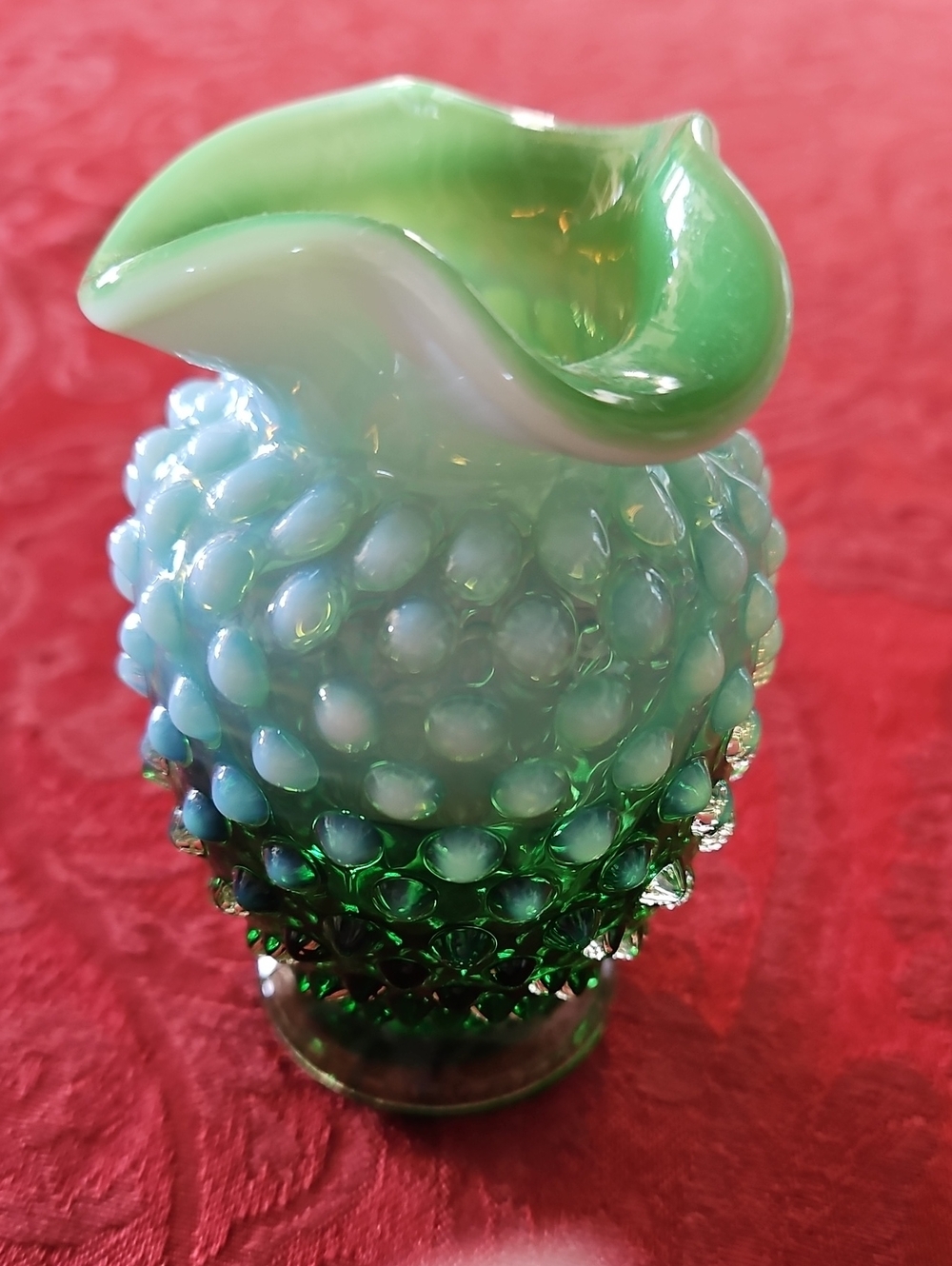 VTG Fenton Lime Green Opalescent Hobnail Miniature Crimped Vase - 1950s